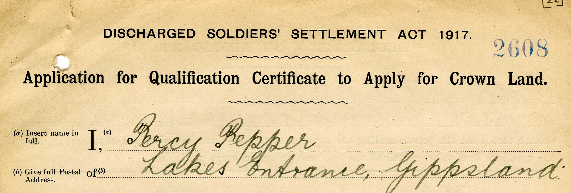 Percy Pepper soldier settlement record, 16 August 1918, VPRS 5714 P0 Unit 2508 allotment 26 page 22 An image of a historical soldier settlement document