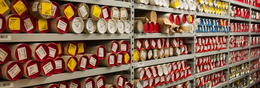 A view of records in the repository Records held in protective tubes on a shelf