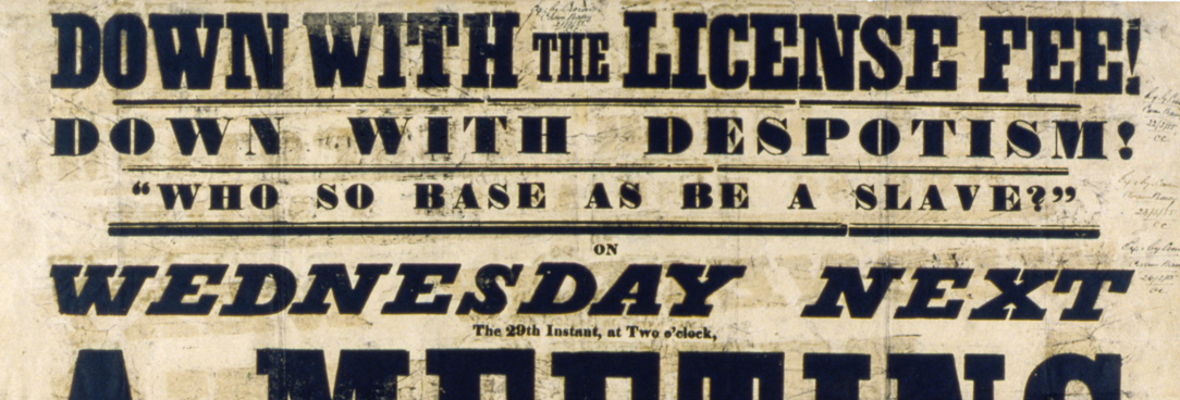 A copy of this inflammatory poster, produced by Seekamp's press, was seized by police and used as evidence in Seekamp's trial. The last phrase, 'Bring you licenses, they may be wanted' was viewed as especially suspicious. archival poster originally used to protest against gold field licences
