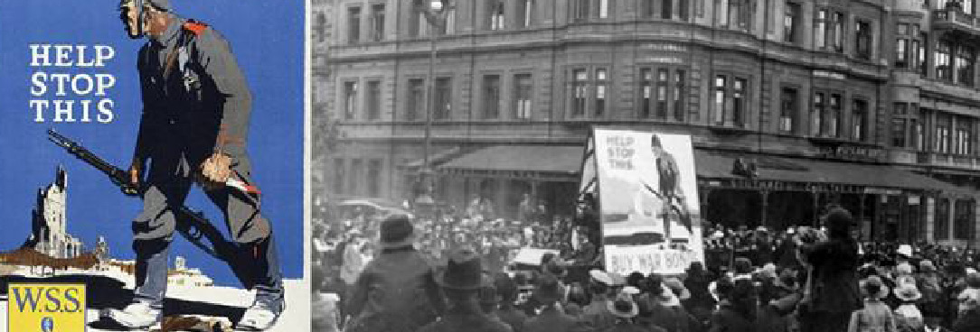 Crowd gathers in Melbourne 1918 in a procession of returned troops who are accompanied by a poster requesting people to “Buy War Bonds”. A clearer image of an American poster is shown to the left. (Source: Australian War Memorial, ARTV05629 & H02367) Crowd gathers in Melbourne 1918 and American poster is shown to the left