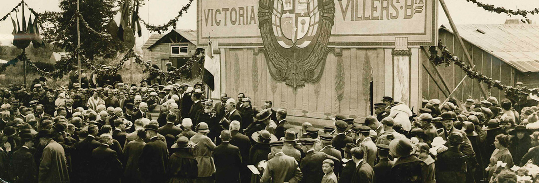 Sepia toned photograph depicting the laying of the foundation stone at Villers-Bretonneux vprs 14520/P1, Unit1,Item 4 16th June 1923. Sepia toned photograph depicting the laying of the foundation stone at Villers-Bretonneux on 16th June 1923.