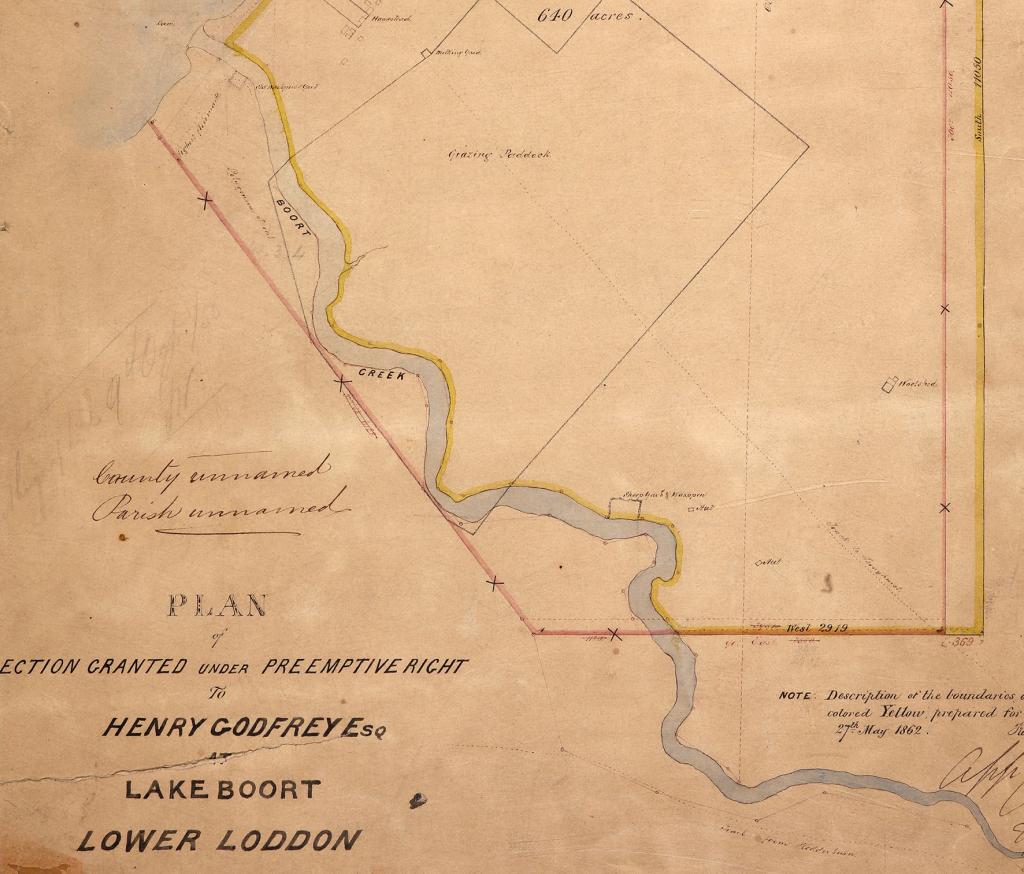 Figure 2: Frederick Byerley’s survey of the Boort pre-emptive right in 1857 marked in pink, which includes both sides of Kinypanial Creek. The yellow line shows the new pre-emptive allotment surveyed by Frederick Harding in 1862, with the right bank of the creek forming the boundary. PROV, VPRS 8168, Historic Plan Collection, P0007, PR: L41, Boort: Lake Boort.