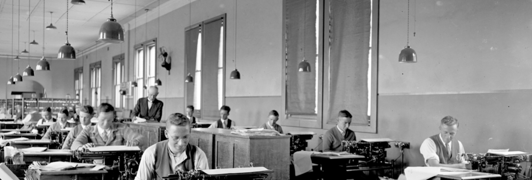 Accounting office and staff, VPRS 12903/P1, BOX 287/10 Black and white photo of people sitting at desks