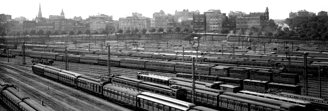 Jolimont railway yards, VPRS 12903/P1, BOX 027A/12 Black and white photo of trains in city rail yard