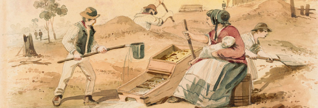 Watercolour ilklustration by ST Gill depicting zealkous gold Ddiggers in Castlemaine
