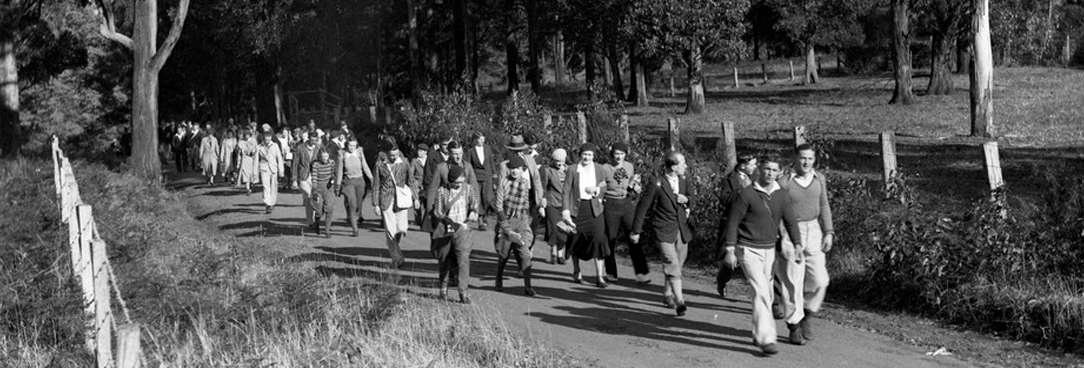people on a hike in the bush VPRS 12903 black and white photo of people dressed for a picnic on a hike