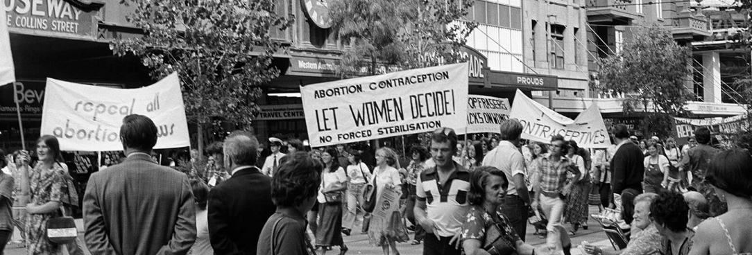 Women's liberation march in Melbourne 1979 SLV black and white photo of a protest in action