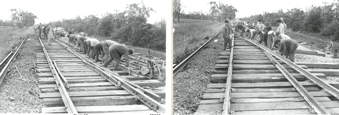 Tyabb to Long Island Railway photographs black and white photos of men working on a wooden track