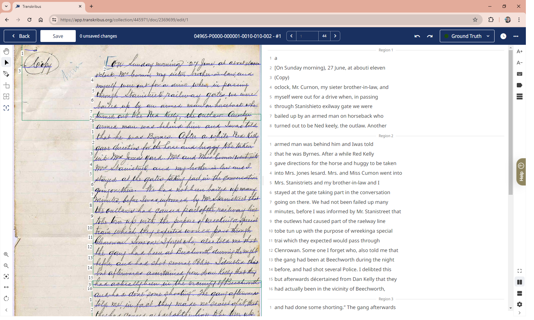 A sample record from within Transkribus 