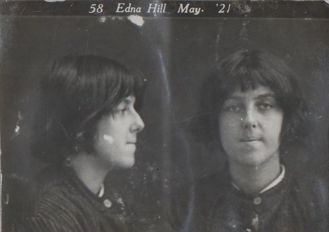 two side by side mug shot black and white portrait photos of a young woman with a short bob hair cut