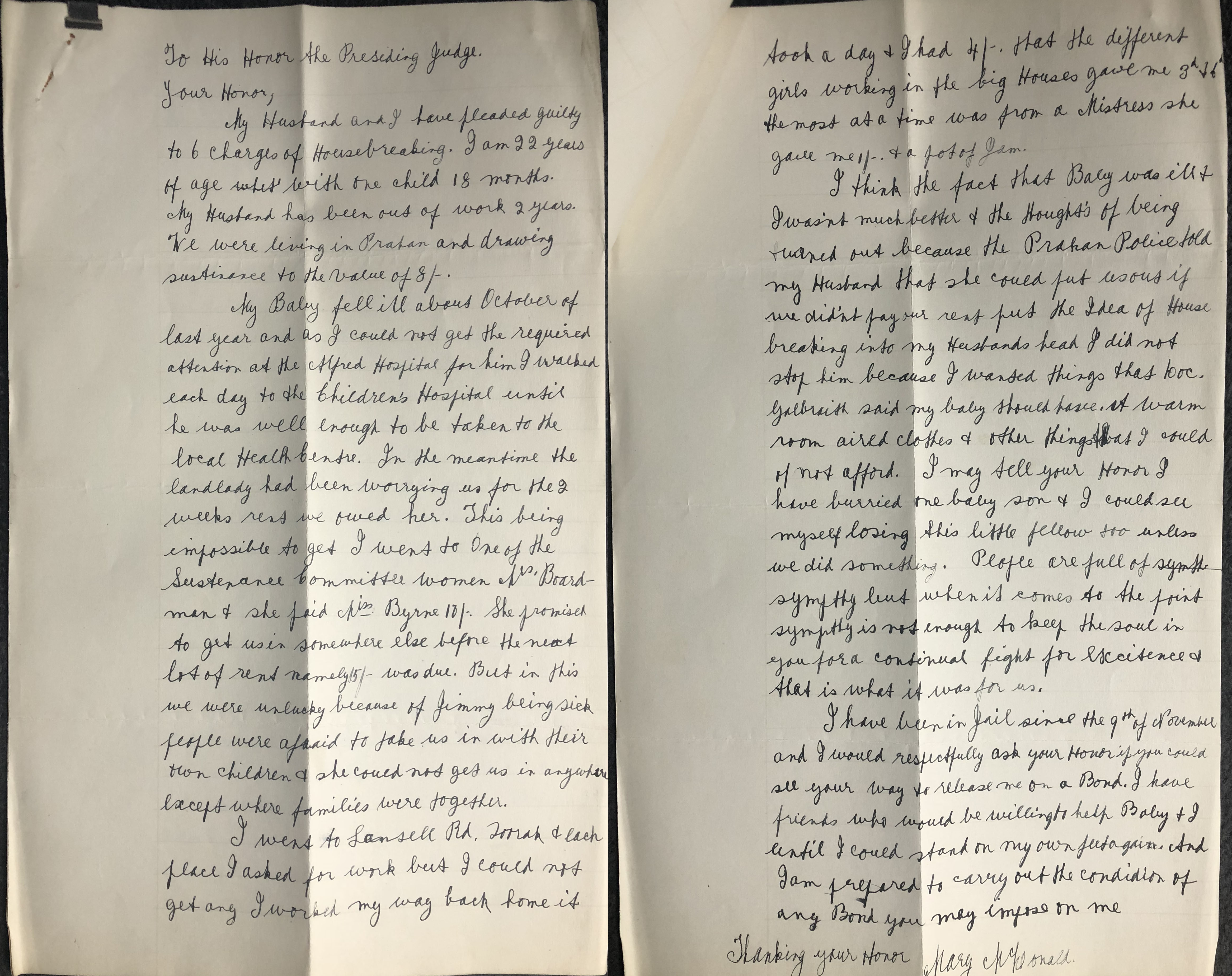 a handwritten letter from Mary to the judge where she explains her circumstances