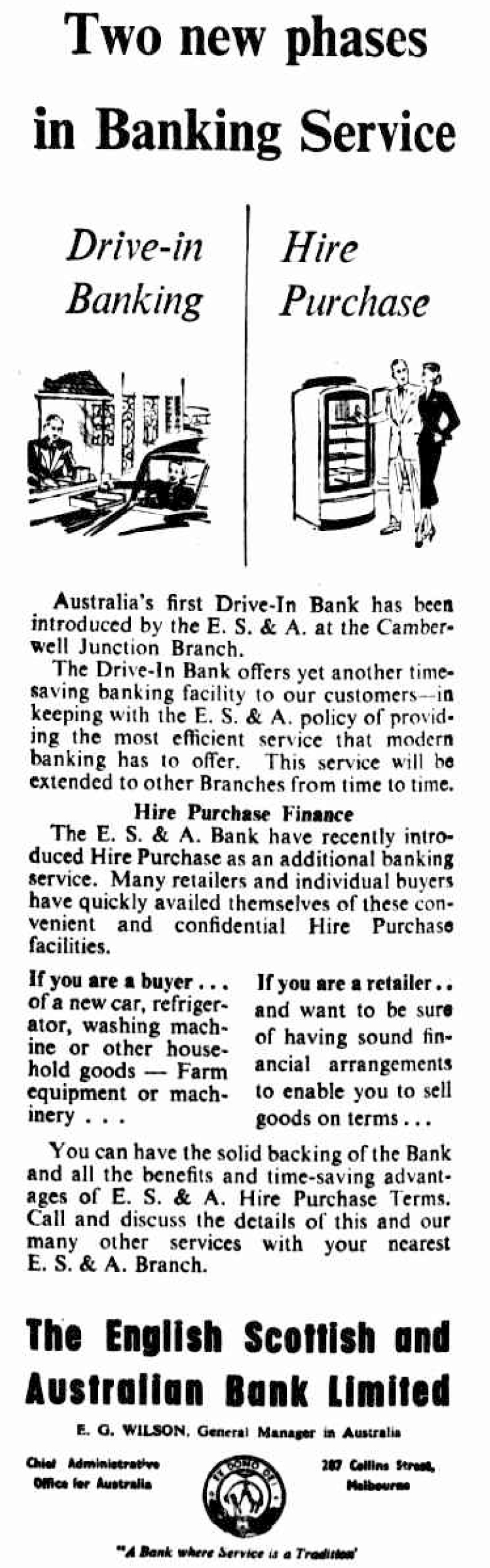 newspaper advertisment about the two new phases of banking service at ES&A Bank: drive-in banking and hire purchase