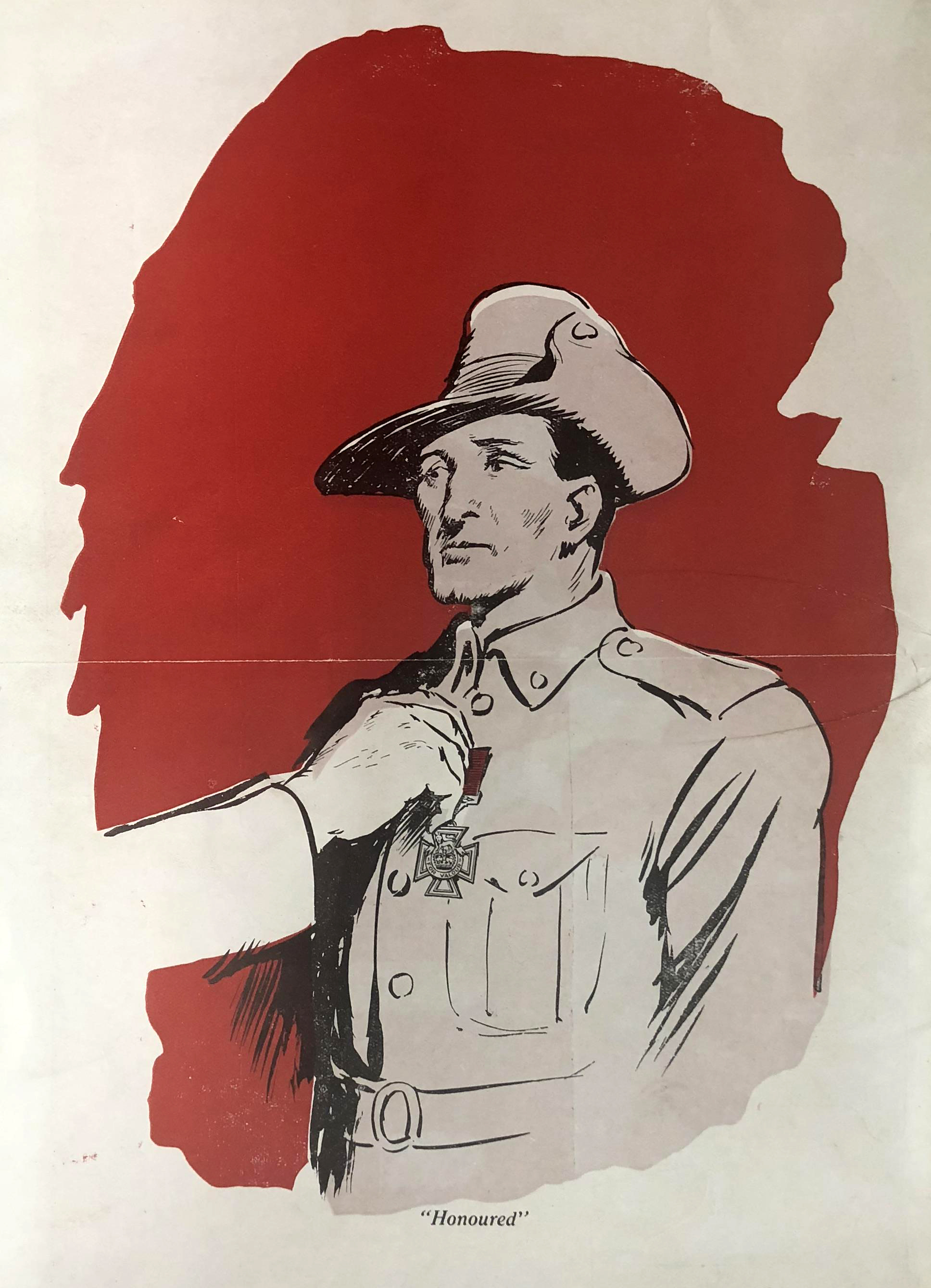 a painting of a soldier surrounded by a red circle and a hand placing a medal on his chest