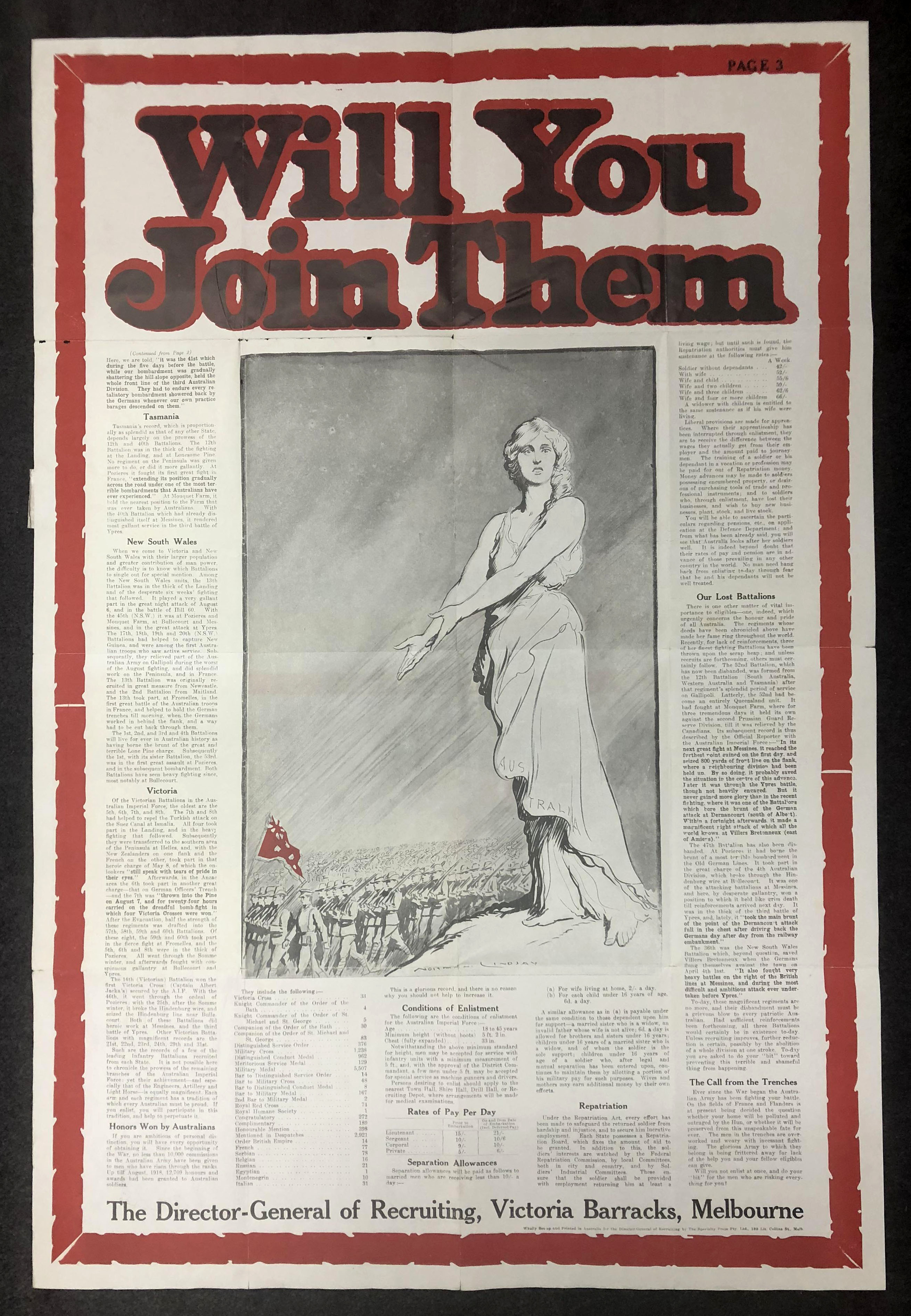 a recruitment post with red and black writing that says will you join them? A picture of a lady on a hill above an army is in the centre