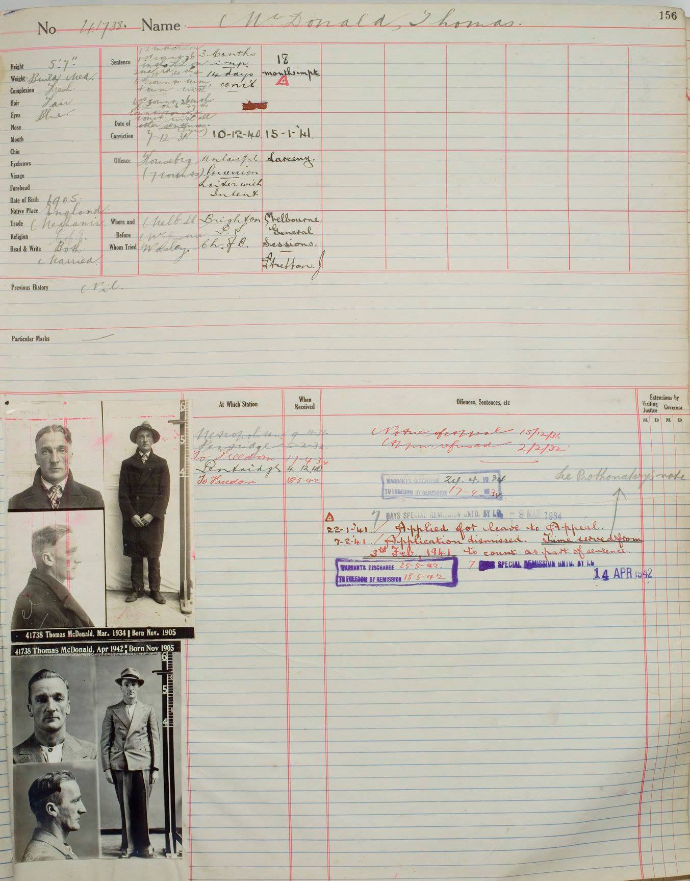 Thomas' prison sheet which lists all his time in gaol