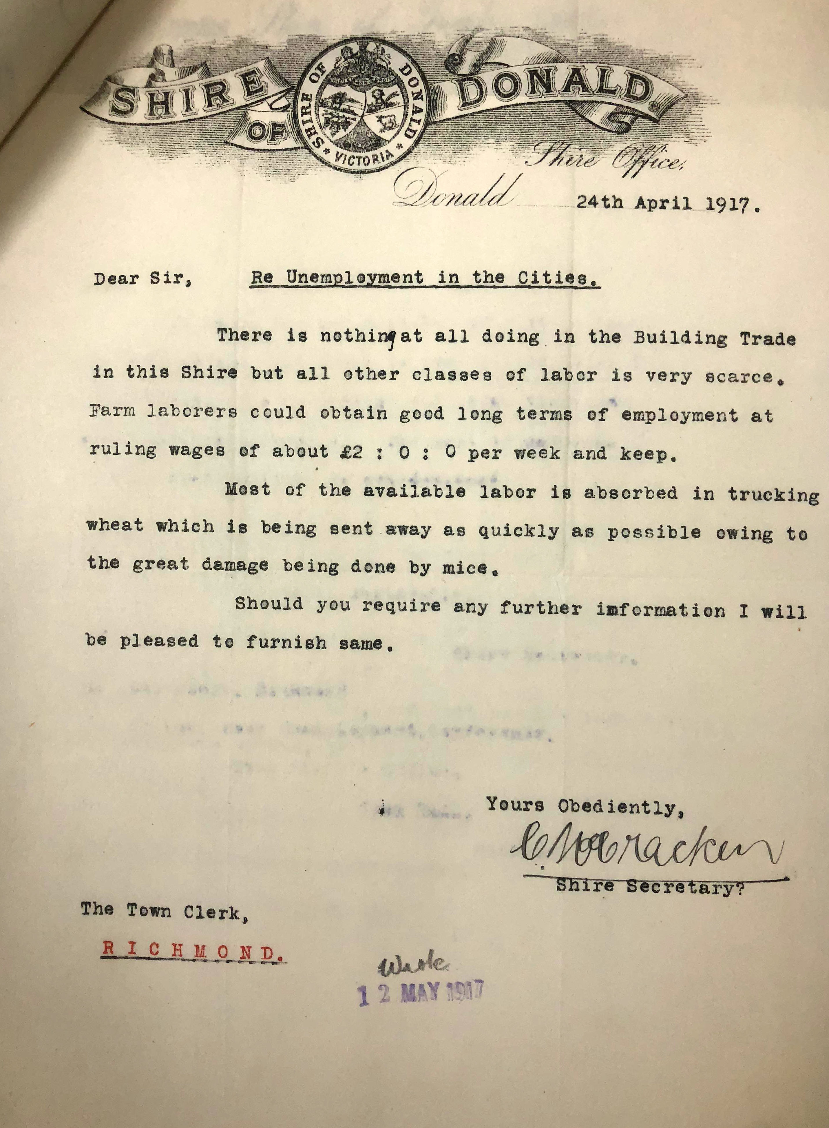 a letter re unemployment in the cities dated 24 April 1917 with Shire of Donald letterhead
