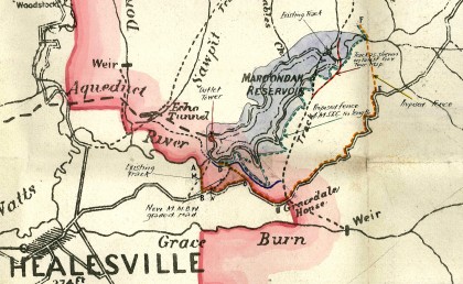 Plan of the Maroondah Reservoir site showing proposed fencelines. Fencing of the area which would be open to the public is denoted by ABCD and shown by a red dashed line.