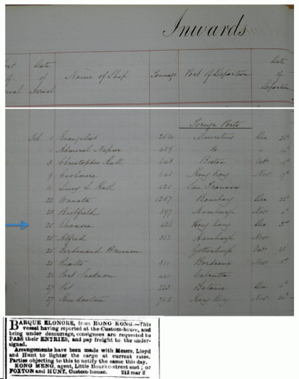 Arrival of the Elonore in Melbourne from Hong Kong on 25 February 1858, Kong Meng as agent