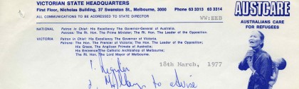 Letter from Wystan Widdows, Victorian State Director of Austcare, requesting permission to collect money on the city’s streets for the Romanian earthquake relief fund, on 1 April 1977