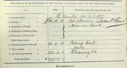 Detail from cover sheet for Schedule X ‘Statement of Lessee under Section 32 of the Land Act 1890