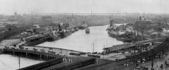Black and white photo of a river port