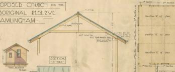 Colour plan showing proposed church to be built on the Aboriginal Reserve