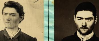 Black and white photo, prison mugshot of Ned Kelly