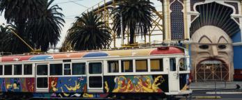 A colourful tram near Lunar Park