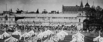 Black and white photo of maypole dancing