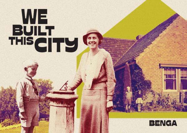 collage of the Benga site featuring a house, woman and child