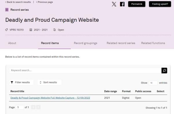 screen shot of the purple deadly and proud record items page