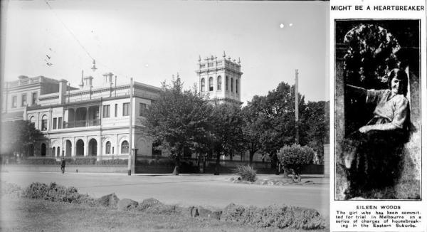 two images, one on the left is of a large corner building and the image on the right is of a woman in a newspaper